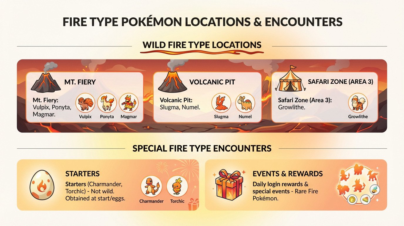 Map locations for Fire Pokémon in Vortex V5 showing Mt. Fiery and Volcanic Pit