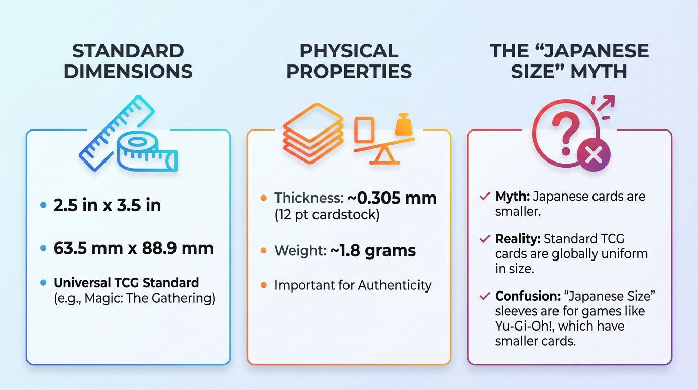 Diagram showing standard Pokemon card dimensions of 2.5 by 3.5 inches compared to Japanese sizing myths