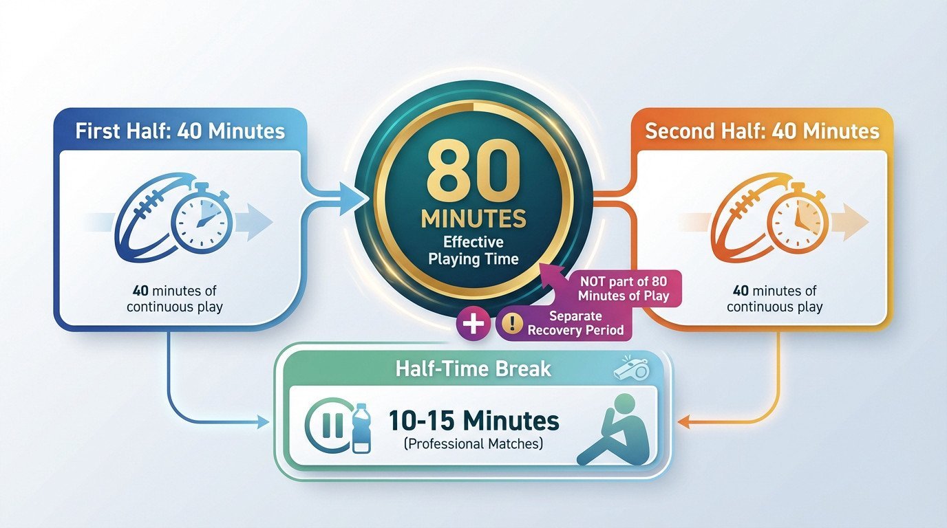 Rugby union game timing structure showing two 40-minute halves and half-time break