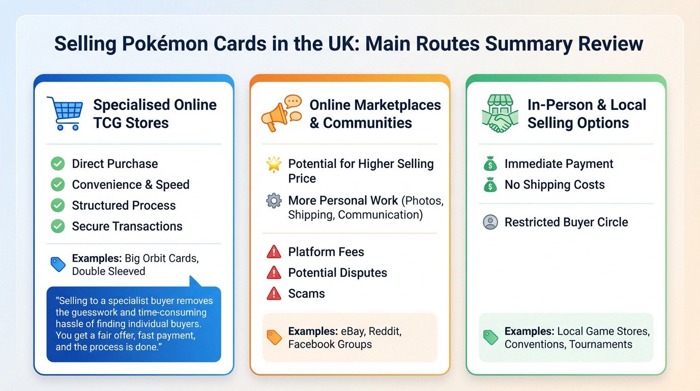 Summary of the main routes for selling Pokemon cards in the UK including online stores and marketplaces