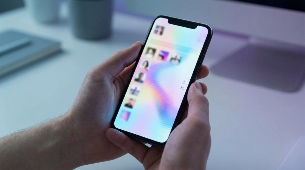 Hands hold a smartphone showing a screen with blurred profile pictures and a pixelated, colorful gradient, indicating anonymous browsing.
