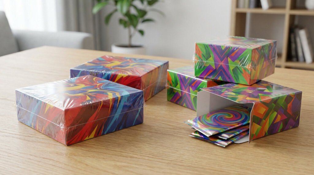 Four vibrant booster boxes on a wooden table; one is open, revealing several rainbow-swirl packs within.