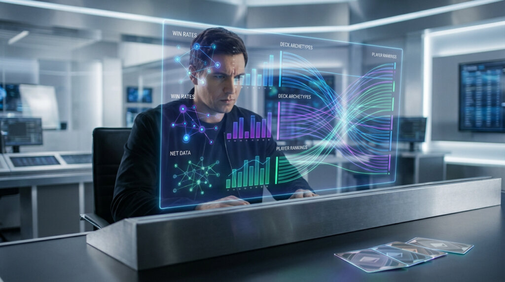 Man intently analyzes a holographic screen displaying TCG data: win rates, deck archetypes, and player rankings. Futuristic cards are on the desk.