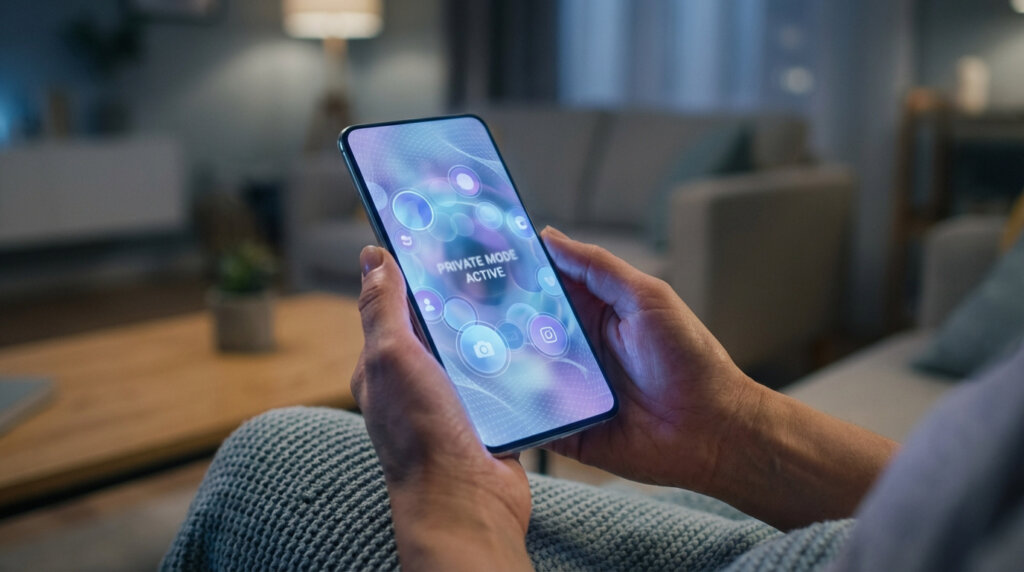 Hands hold smartphone showing "PRIVATE MODE ACTIVE" and glowing social media app icons. Represents anonymous online browsing.