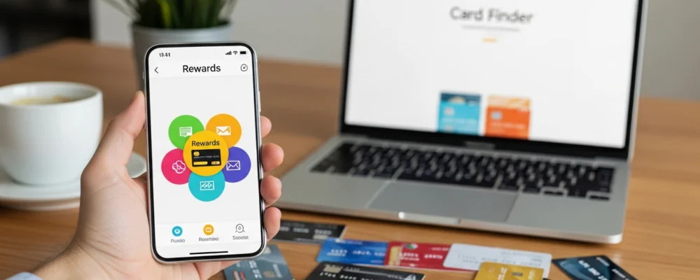 A hand holding a smartphone displaying a colorful rewards card comparison app, surrounded by scattered credit and loyalt