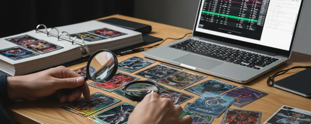 A collector's hands sorting through a spread of vivid trading cards on a wooden table, magnifying glass hovering over ho