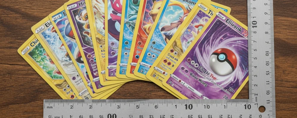 A close-up flat lay of several colorful Pokemon cards fanned out on a wooden surface, with a metal ruler placed alongsid