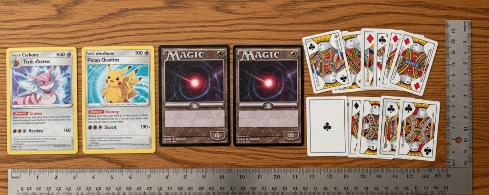 A flat lay of Pokemon cards, Magic: The Gathering cards, and standard playing cards arranged side by side on a wooden ta