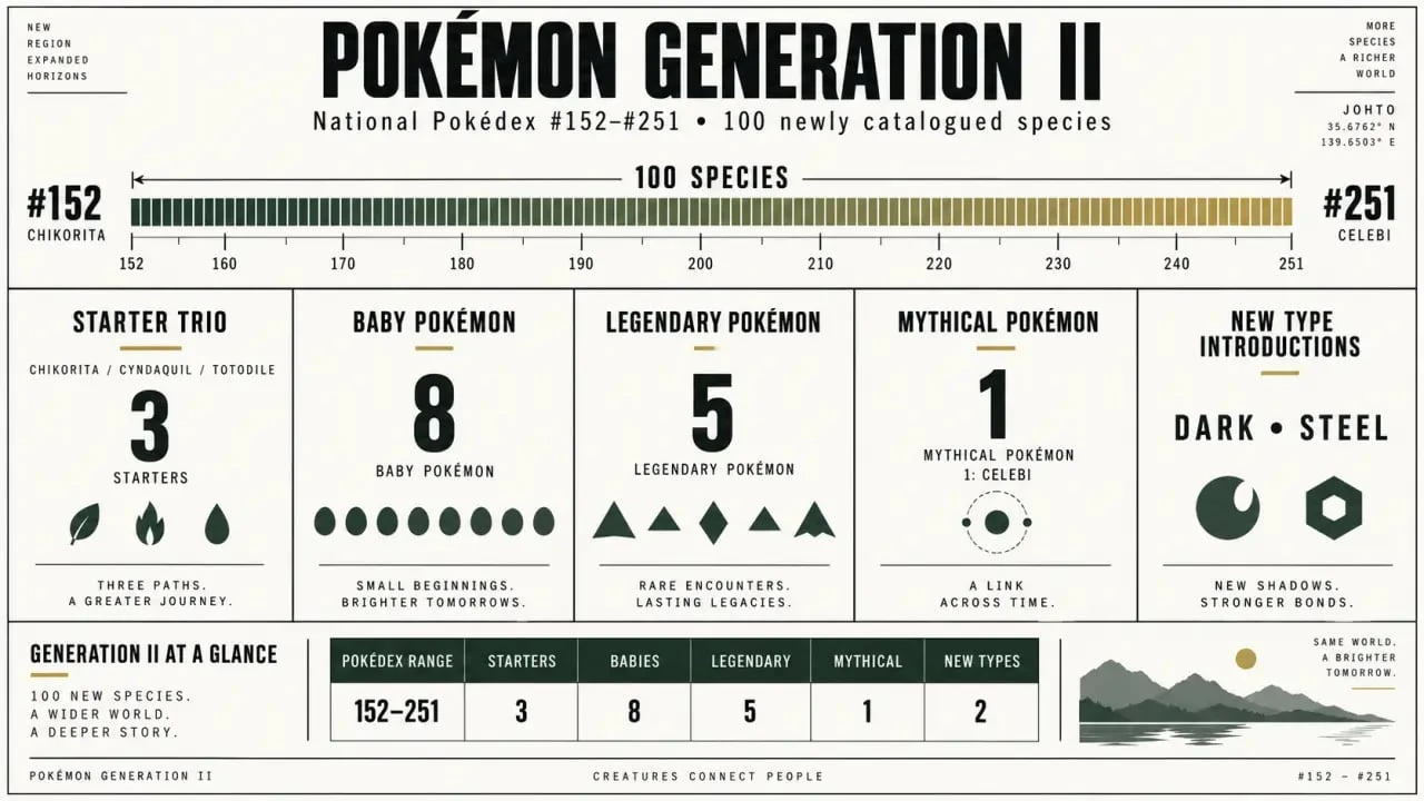 Pokémon Gen 2 Pokémon overview from Chikorita to Celebi with starters, Legendary Pokémon, Baby Pokémon and new types