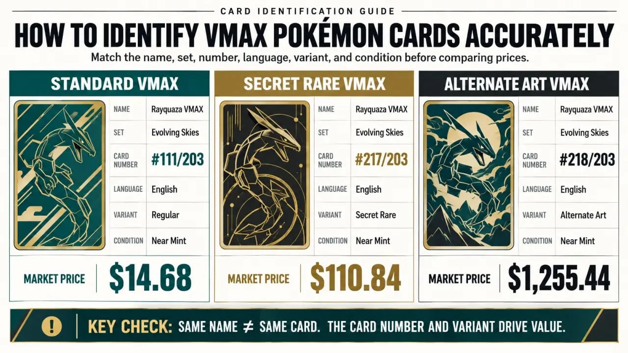 vmax pokemon cards : identifier une version Rayquaza VMAX par numéro de carte, variante et prix