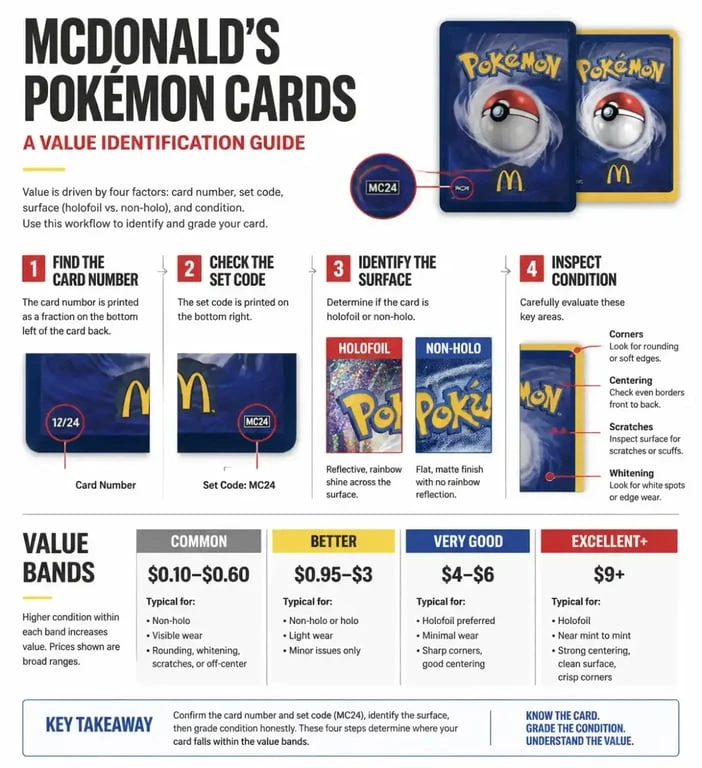 Mcdonald's pokemon cards value explained with MC24 card identification, holofoil status, condition checks, and price ranges