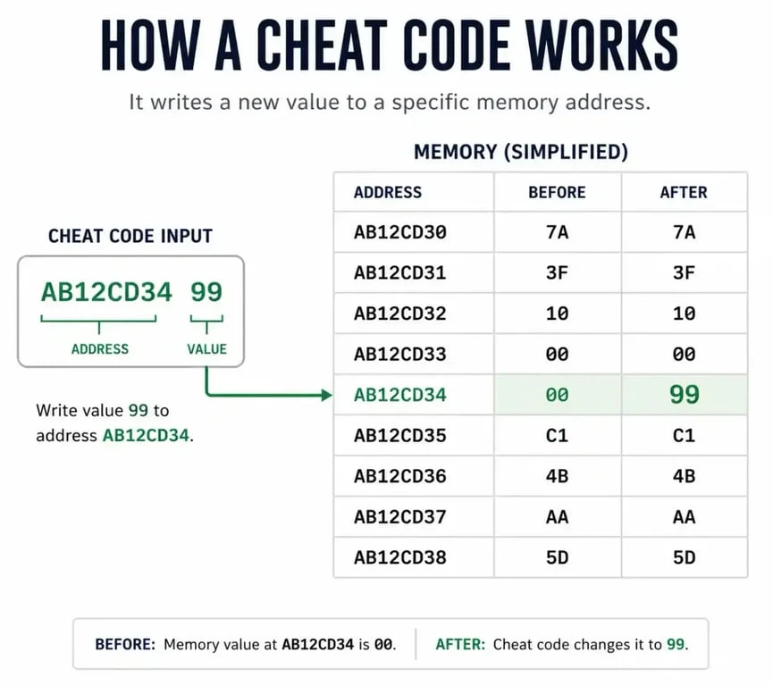 Infographie expliquant le fonctionnement des codes de triche Pokémon Yellow dans la mémoire du jeu
