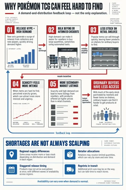 Editorial infographic explaining how Pokémon scalper activity can affect Pokémon TCG availability and resale prices