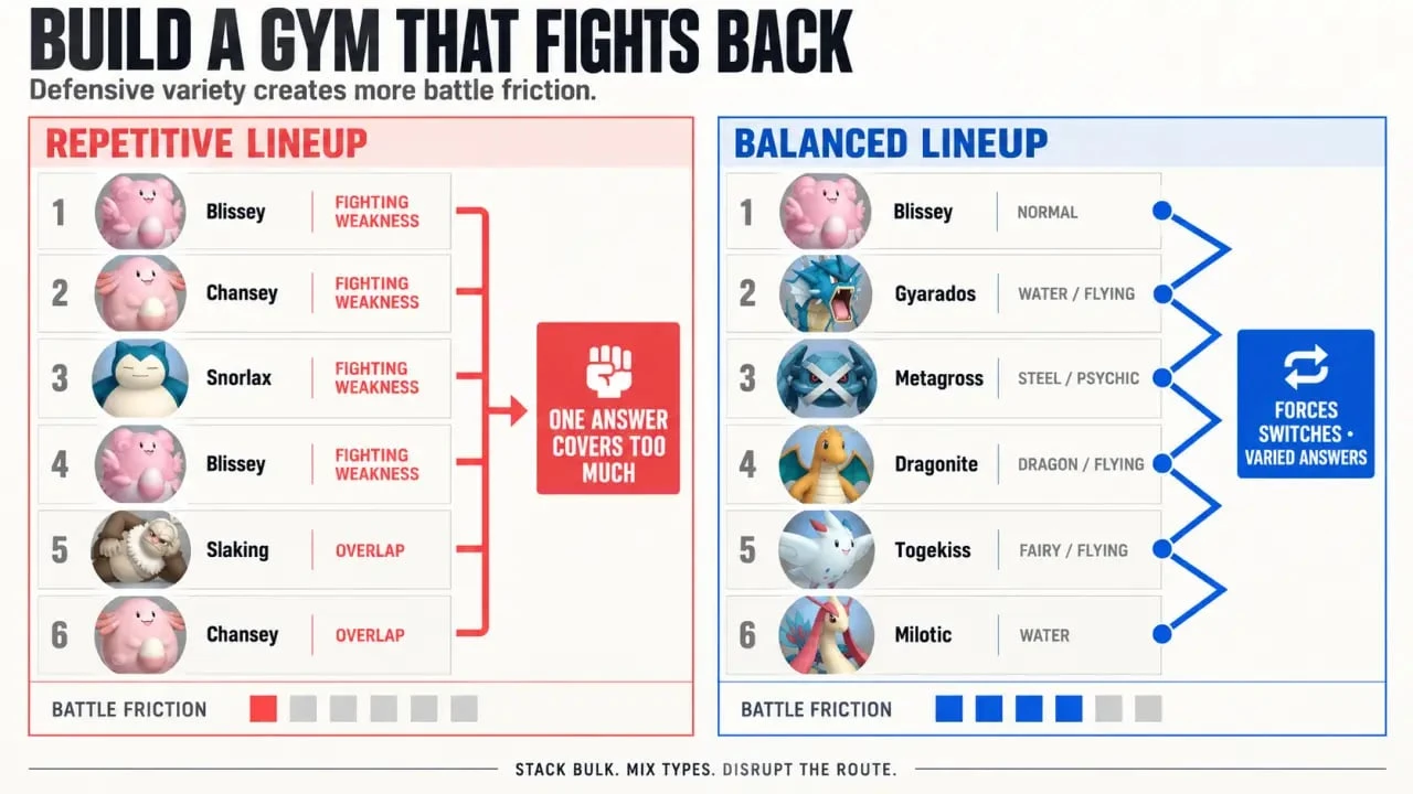 Pokémon GO gym defenders with varied typings and balanced placement strategy