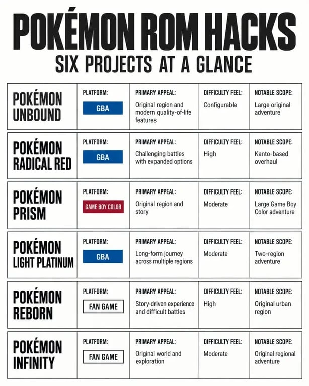 Comparison infographic of Pokémon ROM hacks by platform, difficulty, story focus and post-game scope