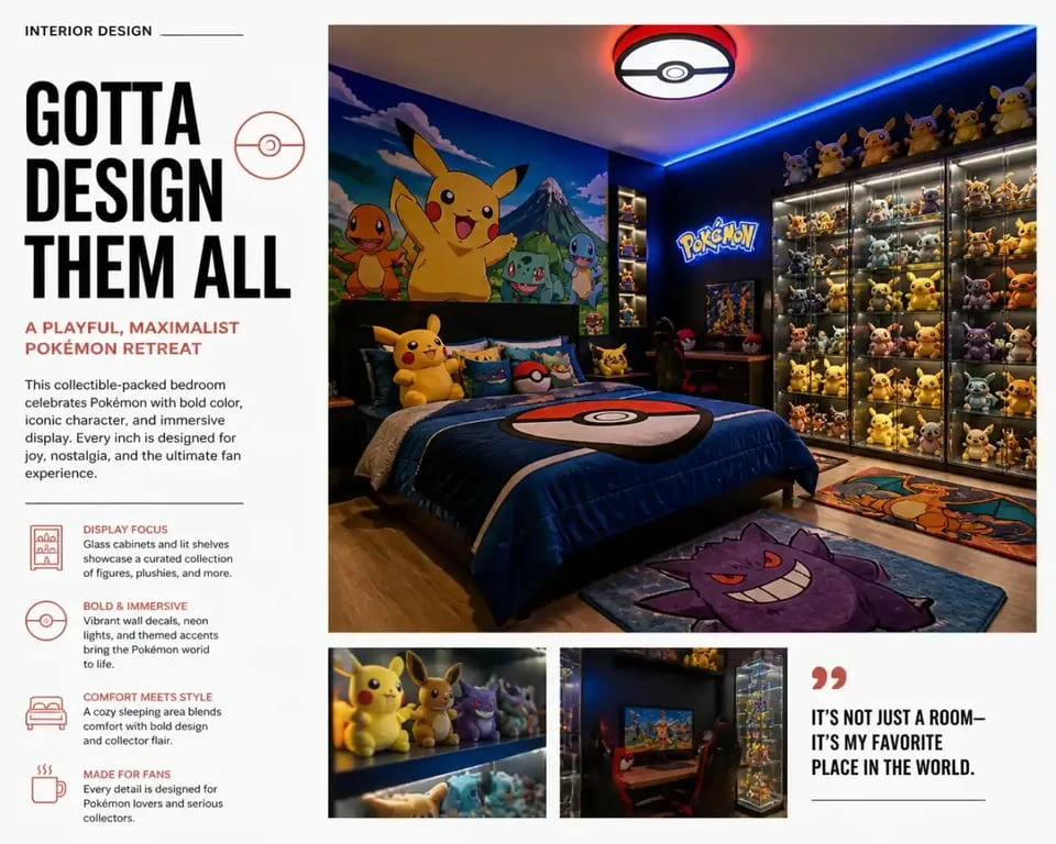 Chambre Pokémon maximaliste pour collectionneur avec vitrines et éclairage néon.
