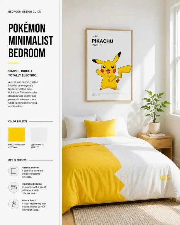 Chambre Pokémon minimaliste avec décoration épurée et lit aux couleurs de Pikachu.
