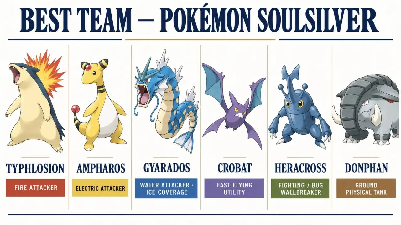 Best Pokemon team in SoulSilver: Typhlosion, Ampharos, Gyarados, Crobat, Heracross, and Donphan with their battle roles