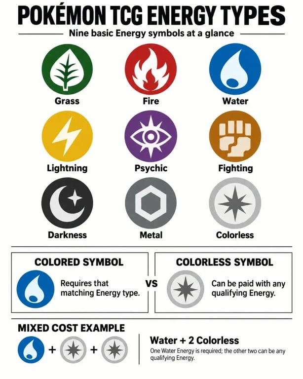 Infographie des pokemon card energy types et des symboles d’Énergie colorés et Colorless