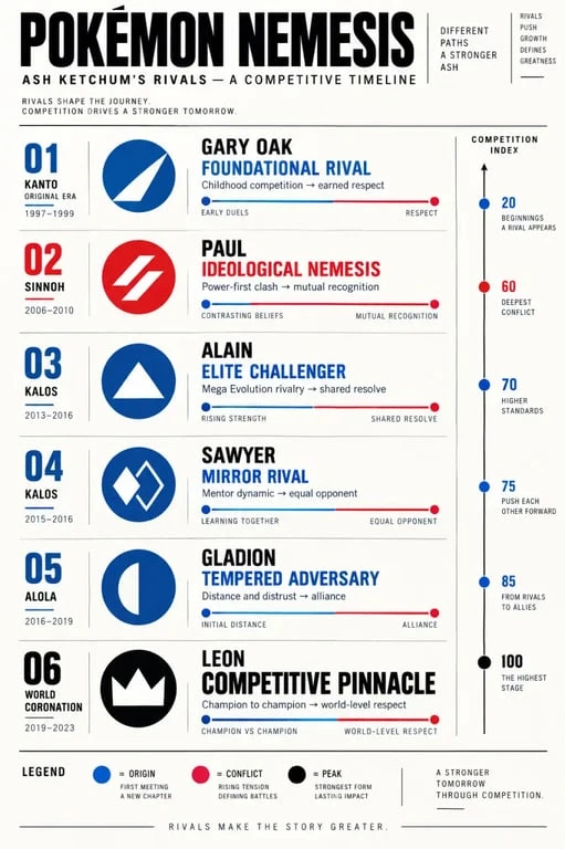 Infographie comparative sur le pokemon nemesis d’Ash et ses principaux rivaux