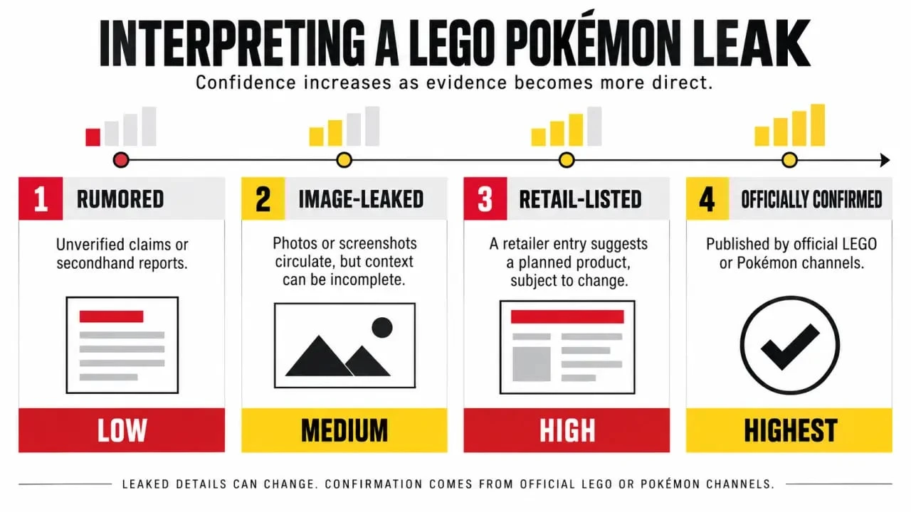 LEGO Pokémon leak explained through four levels of confirmation from rumor to official product