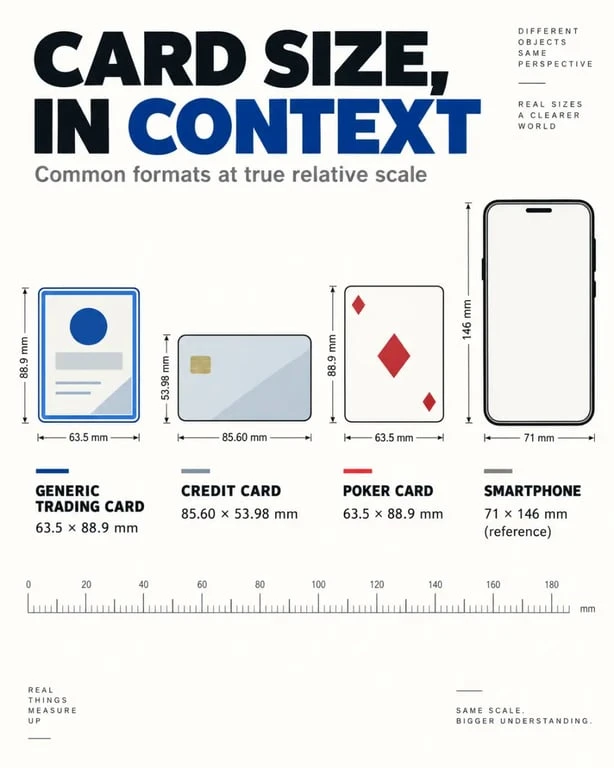 Dimensions of Pokemon card compared with a credit card, poker card, and smartphone