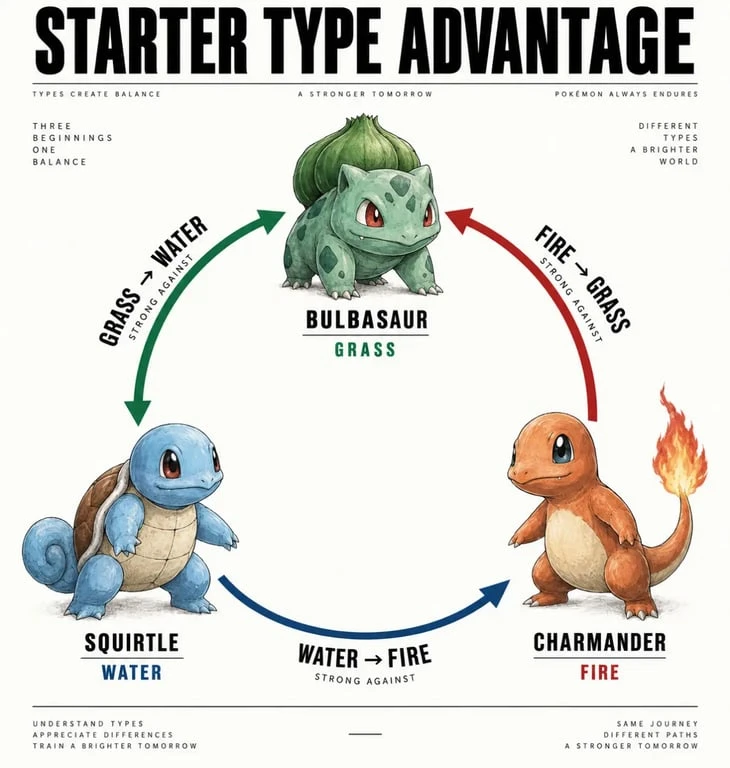 Pokémon starters type triangle showing Bulbasaur, Charmander, and Squirtle