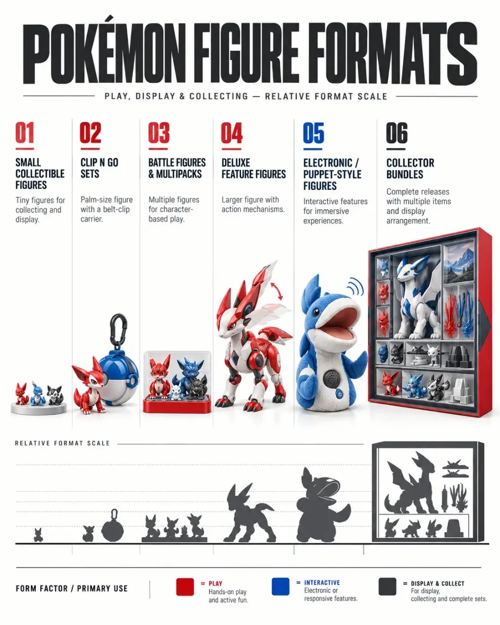 Pokémon figures format guide comparing battle, collectible, electronic, and collector figure types