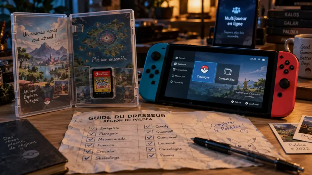 pokemon switch : étui et console sur bureau, guide d’achat